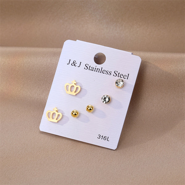 Anti-Tarnish: Gold Crown Stainless Steel Combo Earrings