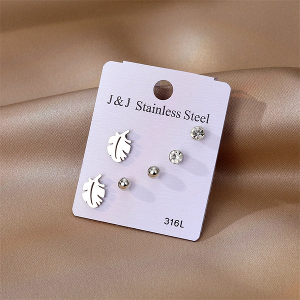 Anti-Tarnish: Silver Leaf Stainless Steel Combo Earrings