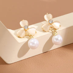 White Clover Stud with Pearl Drop Earrings for Women, Classic Style