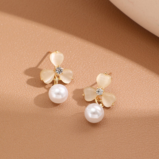 White Clover Stud with Pearl Drop Earrings for Women, Classic Style