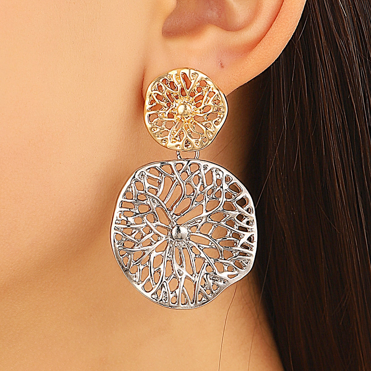 Webby - Geometric Statement Gold and Silver Party Wear Earrings