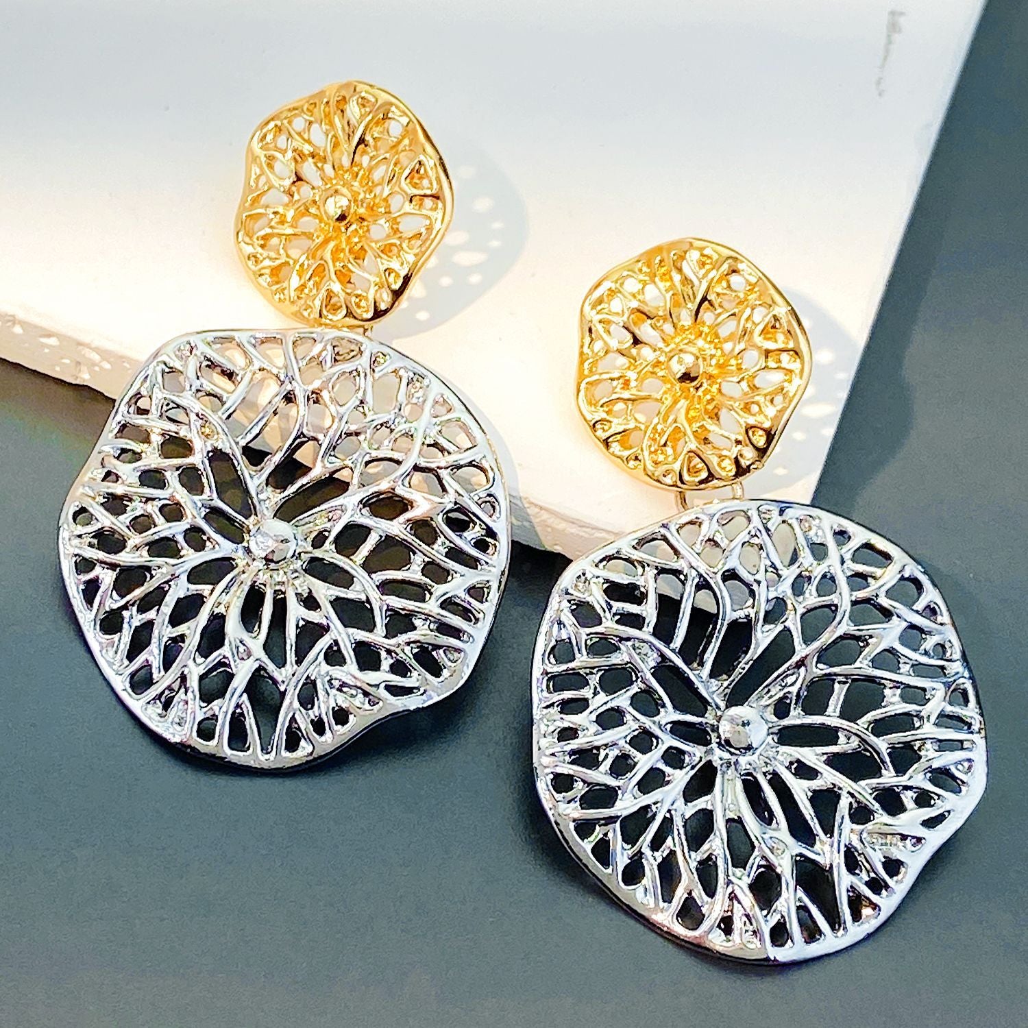 Webby - Geometric Statement Gold and Silver Party Wear Earrings