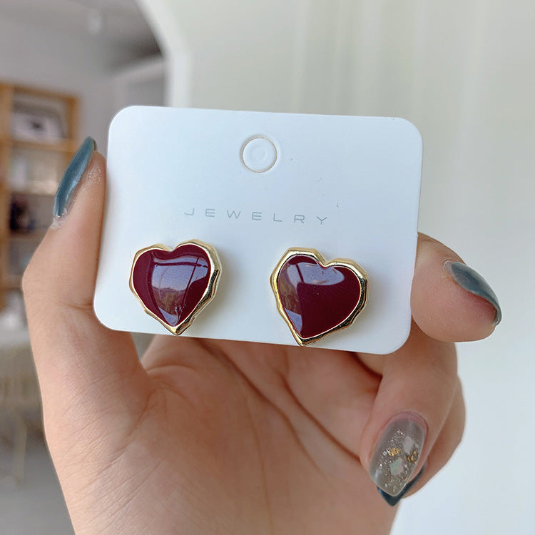 Burgundy Heart - Wine Marble Heart Korean Glittering Stud