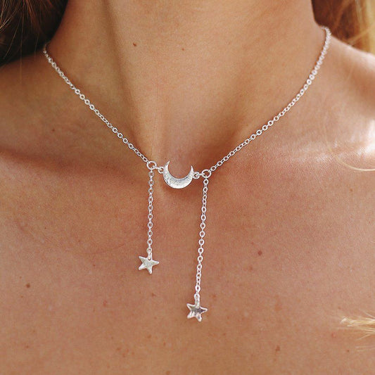 Pretty Half Moon with Hanging Star Silver Single Layer Chain