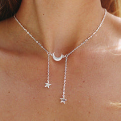 Pretty Half Moon with Hanging Star Silver Single Layer Chain