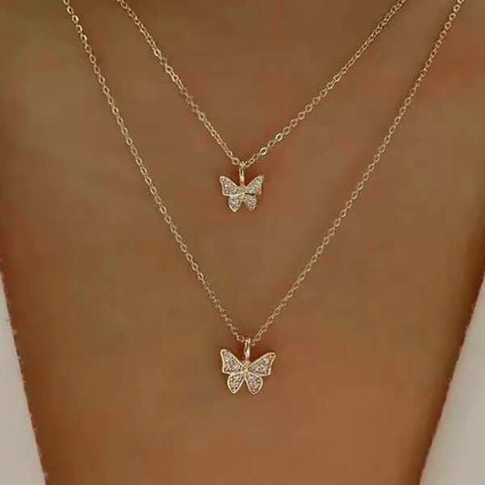 Double Flutter - Cute Double Butterfly Gold Two Layer Chain