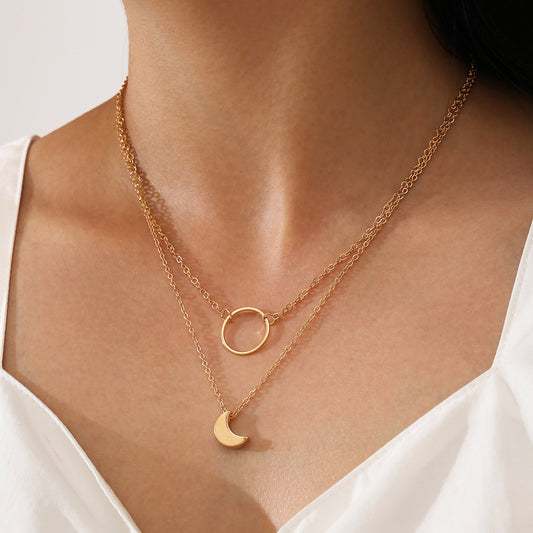 Double Delight - Pretty Half Moon and Round Gold Two Layer Chain