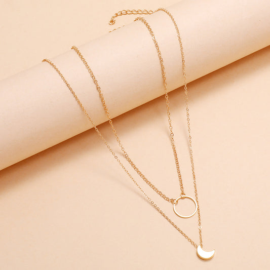 Double Delight - Pretty Half Moon and Round Gold Two Layer Chain