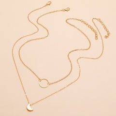 Double Delight - Pretty Half Moon and Round Gold Two Layer Chain