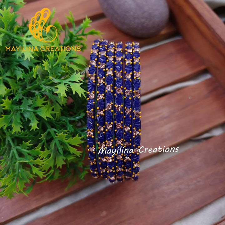 Navy Blue Lotus Design Glass Bangles (Set of 6 bangles)