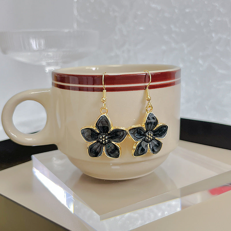 Large Glossy Black Pretty Flower Hanging for Women, Korean Style Earrings