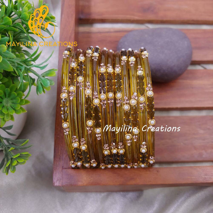 Olive Green Designer Glass Bangles - Chitrani