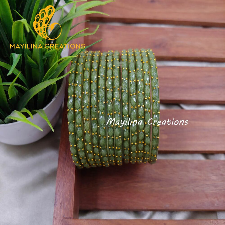 Olive Green Matte Raindrop Glass Bangles (Set of 12 Bangles)