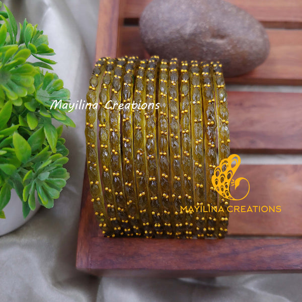 Olive Green Raindrop Glass Bangles (Set of 12 Bangles)