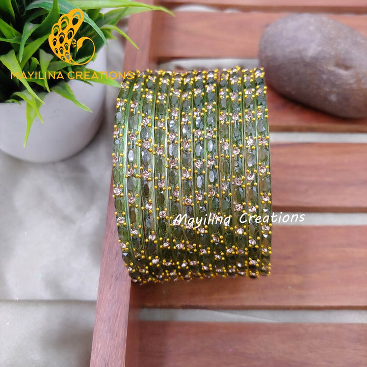 Olive Green Twinkle Designer Glass Bangles - Set of 12 Bangles