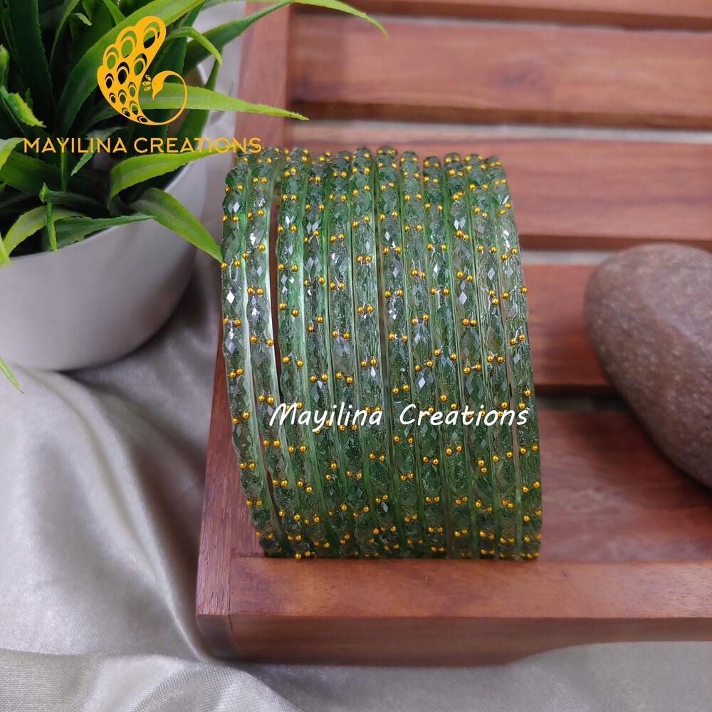 Olive Green Raindrop Glass Bangles (Set of 12 Bangles)