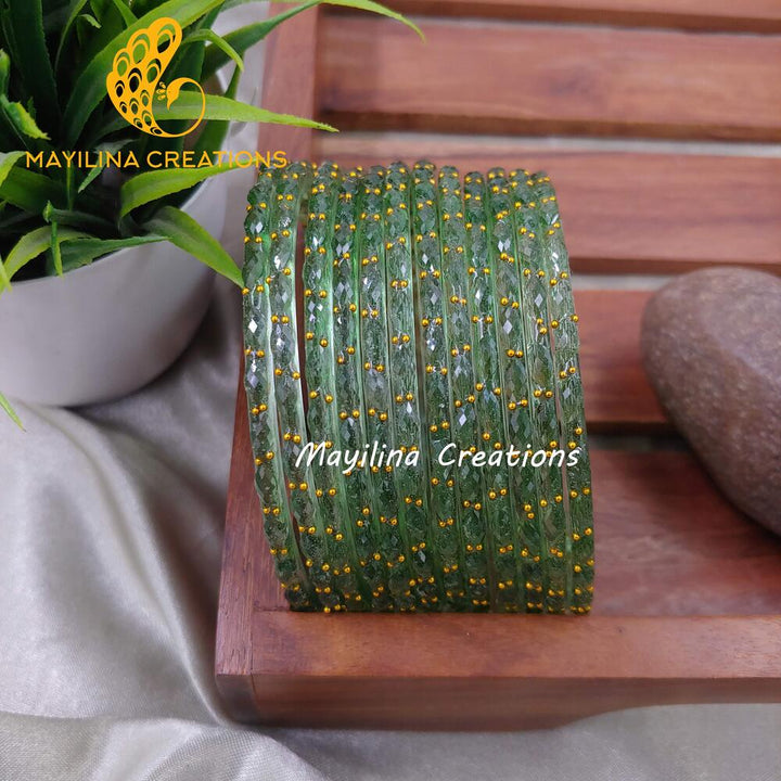 Olive Green Raindrop Glass Bangles (Set of 12 Bangles)