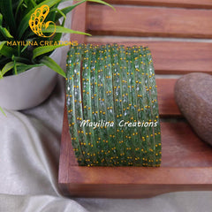 Olive Green Raindrop Glass Bangles (Set of 12 Bangles)