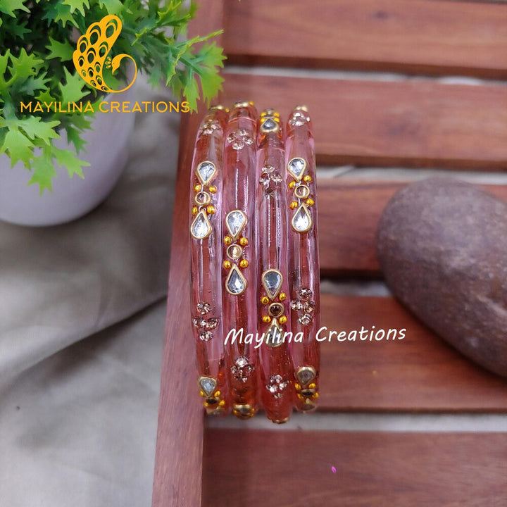 Onion Pink Glass Kada Bangles - Nidhi (Set of 4 Bangles)