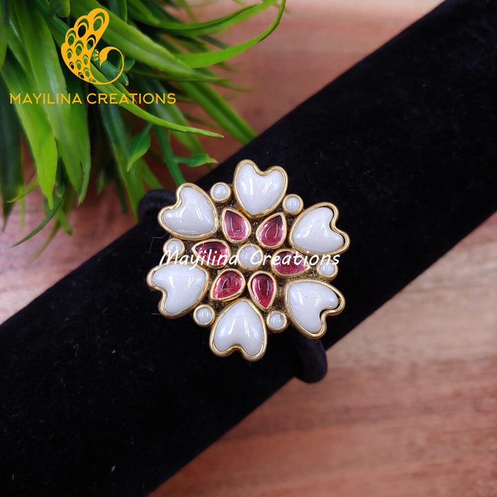 Onion Pink Heart Flower Kundan Hair Bands (Pearl White) (Medium Size)