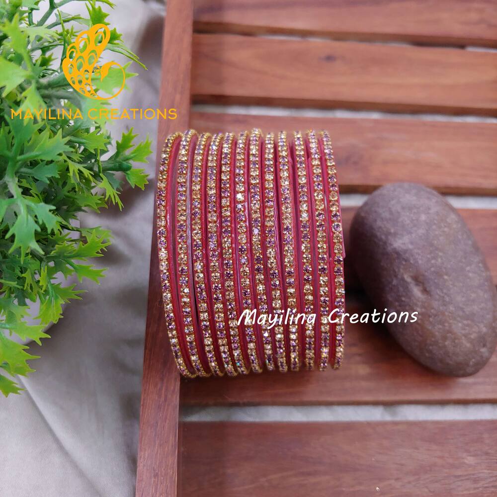 Onion Pink Stone Chain Glass Bangles