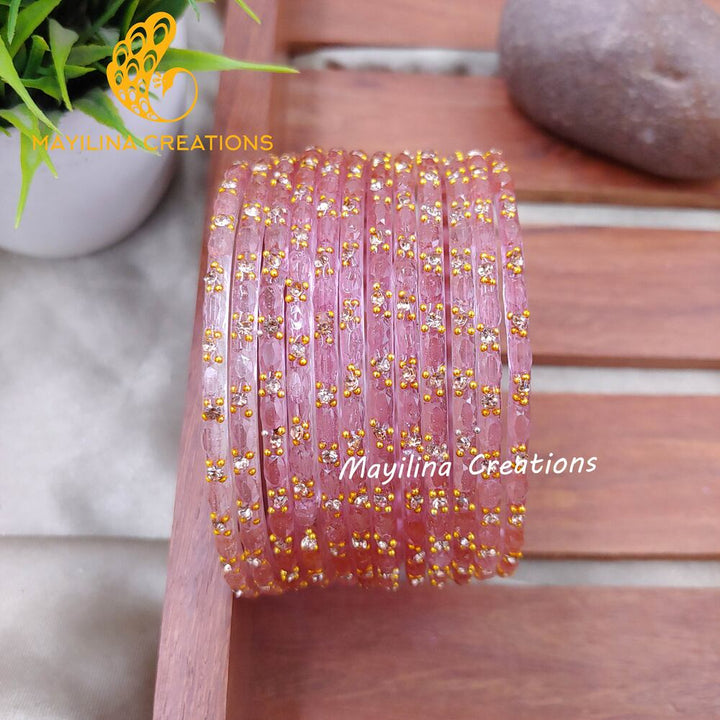 Onion Pink Twinkle Designer Glass Bangles - Set of 12 Bangles