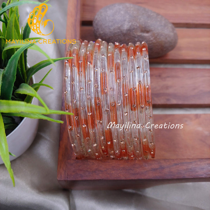 Orange Dual Tone Glass Bangles with Stone