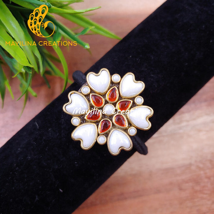 Orange Heart Flower Kundan Hair Bands (Pearl White) (Medium Size)