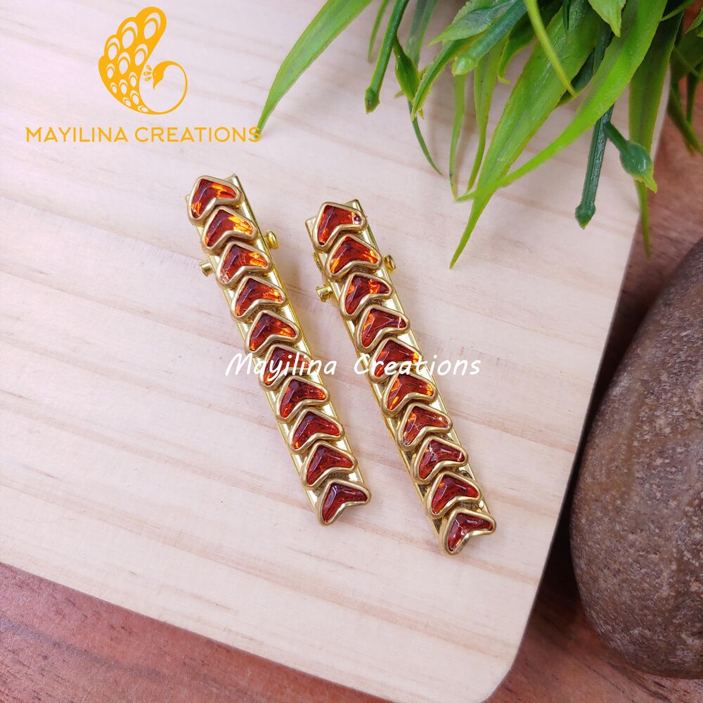 Orange Heart Kundan Alligator Clip - Medium Size (Set of 2)