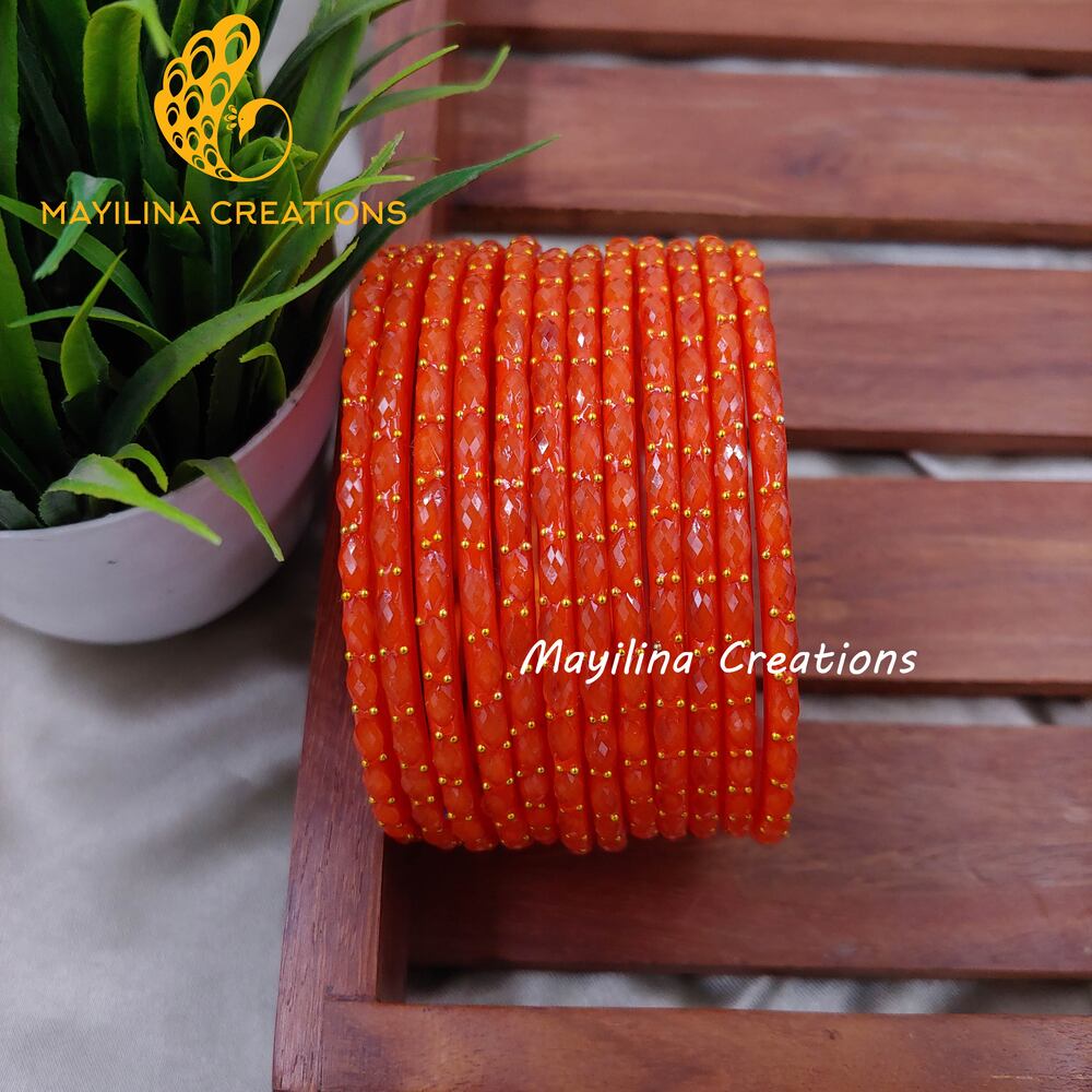 Orange Matte Raindrop Glass Bangles (Set of 12 Bangles)