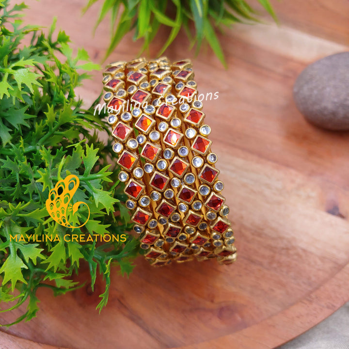 Orange Rhombus Pattern Golss with White Stone Kundan Silk Thread Bangles (Set of 4 Bangles)Multicolor