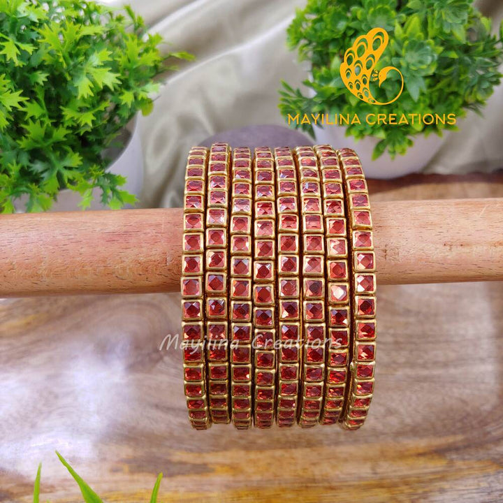 Orange Single Line Kundan Bangles - Silk Thread Bangles (Set of 8 Bangles)