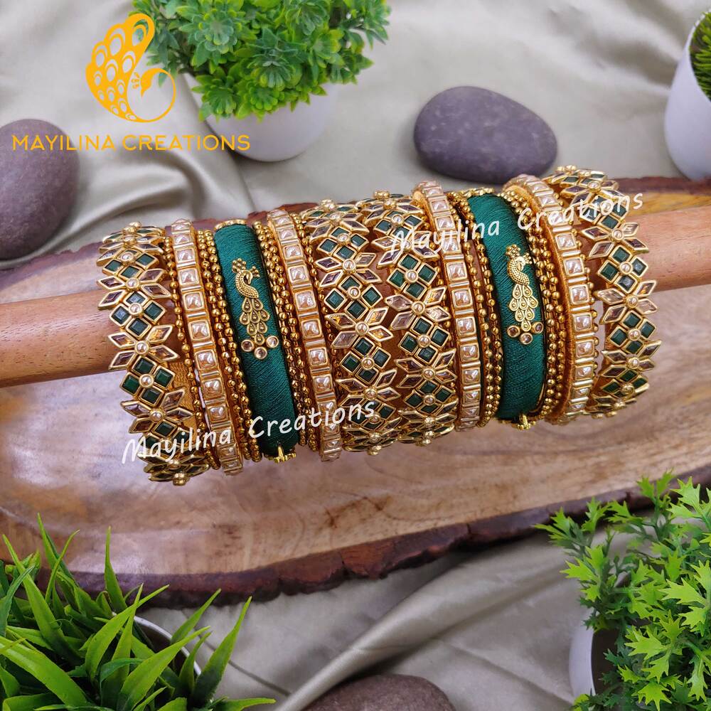 Ovia - Dark Green Bridal Silk Thread Bangles with Peacock Charms