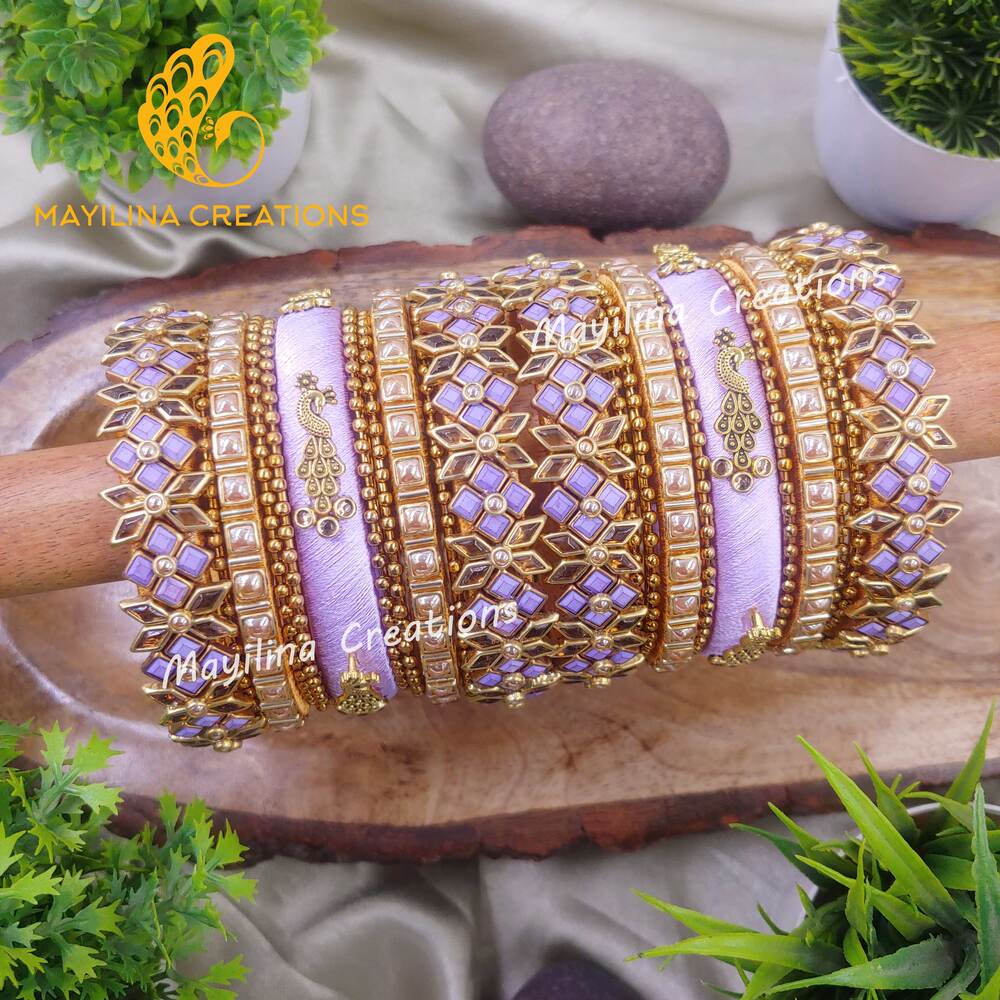 Ovia - Lavender Bridal Silk Thread Bangles with Peacock Charms
