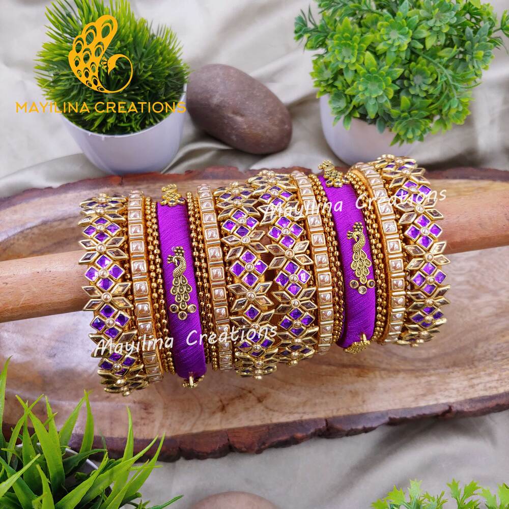 Ovia - Purple Bridal Silk Thread Bangles with Peacock Charms