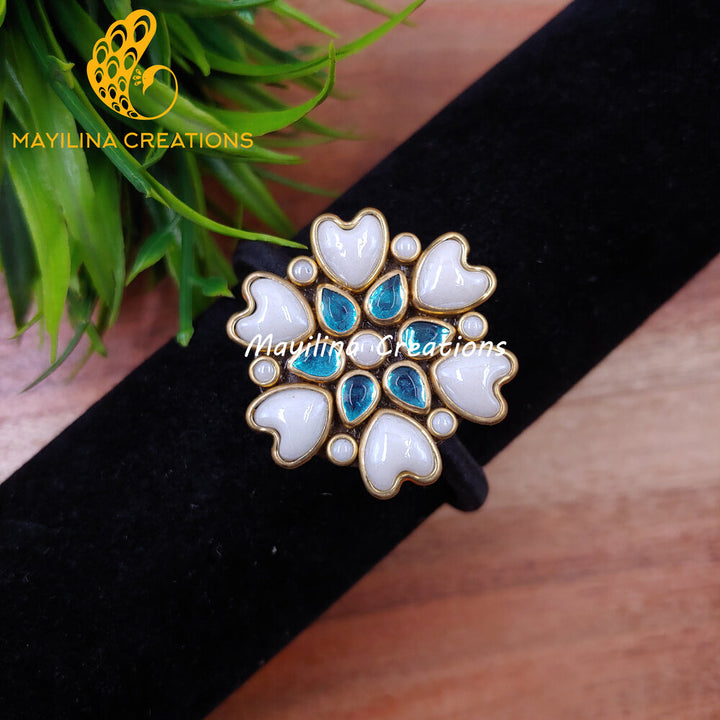 Pastel Blue Heart Flower Kundan Hair Bands (Pearl White) (Medium Size)