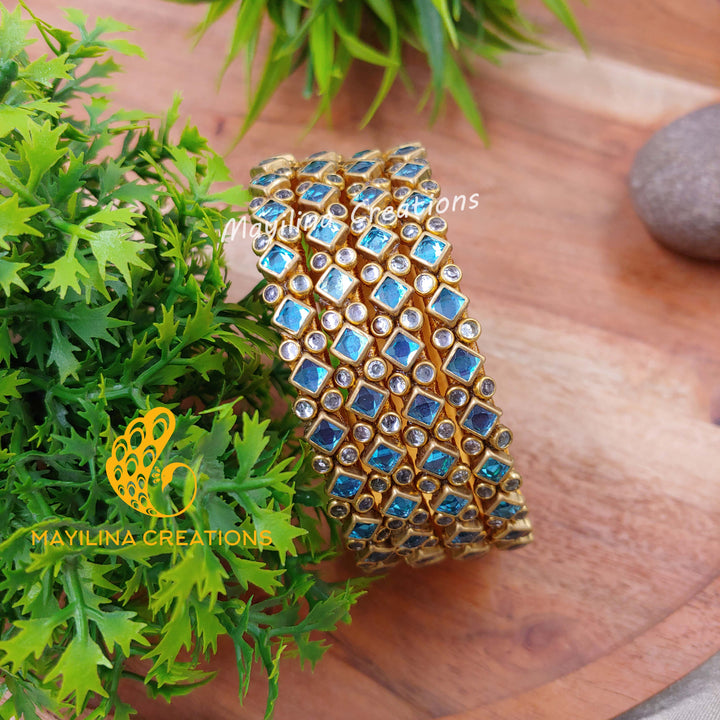 Pastel Blue Rhombus Pattern Golss with White Stone Kundan Silk Thread Bangles (Set of 4 Bangles)Multicolor