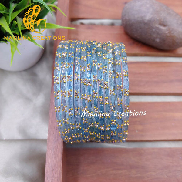 Pastel Blue Twinkle Designer Glass Bangles - Set of 12 Bangles