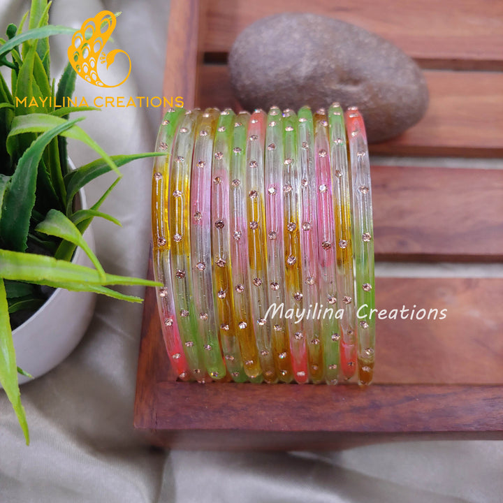 Pastel Multicolor Dual Tone Glass Bangles with Stone