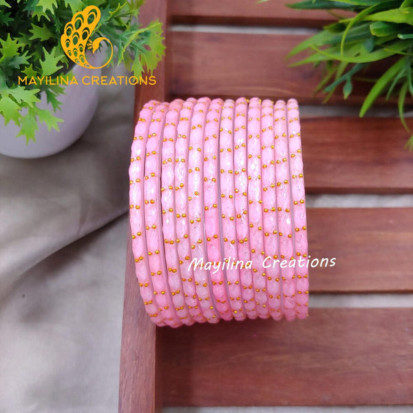 Pastel Pink Matte Raindrop Glass Bangles (Set of 12 Bangles)