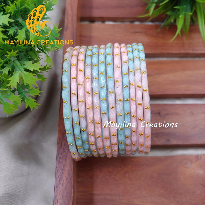 Pastel Pink and Blue Matte Raindrop Glass Bangles (Set of 12 Bangles)