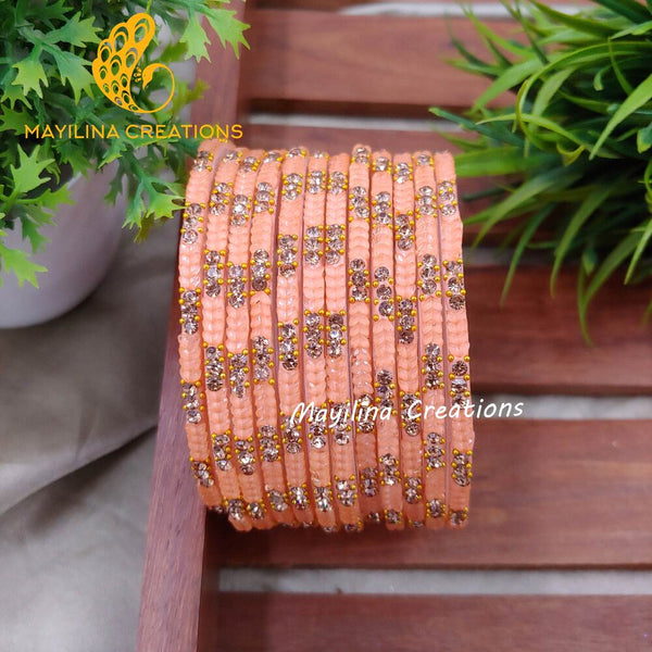 Peach Dayani - Heart Designer Glass Bangles - Set of 12 Bangles