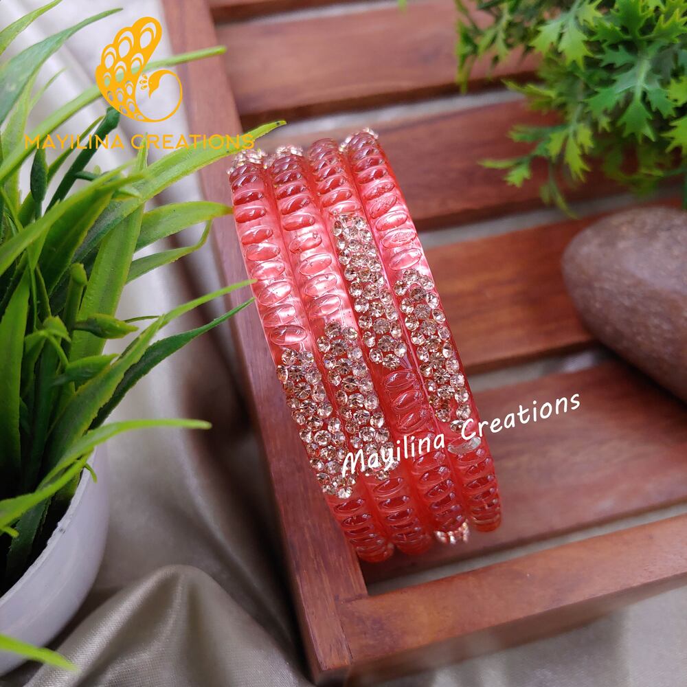 Peach Glass Kada Bangles - Haruni (Set of 4 Bangles)
