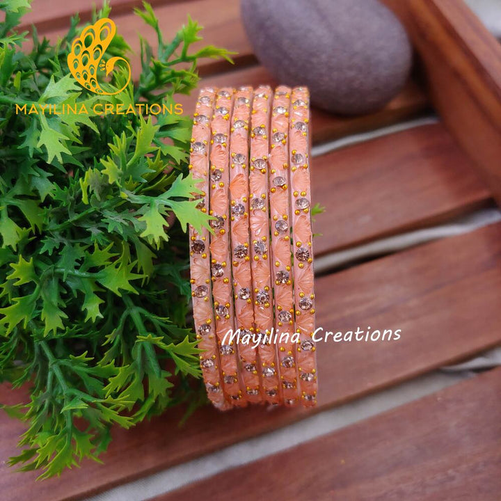 Peach Lotus Design Glass Bangles (Set of 6 bangles)