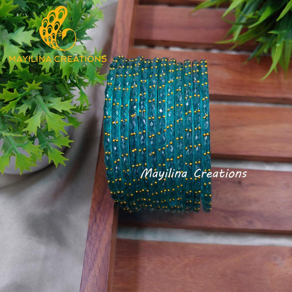 Peacock Blue Raindrop Glass Bangles (Set of 12 Bangles)