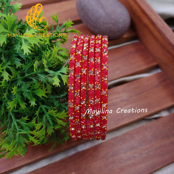 Pink Lotus Design Glass Bangles (Set of 6 bangles)