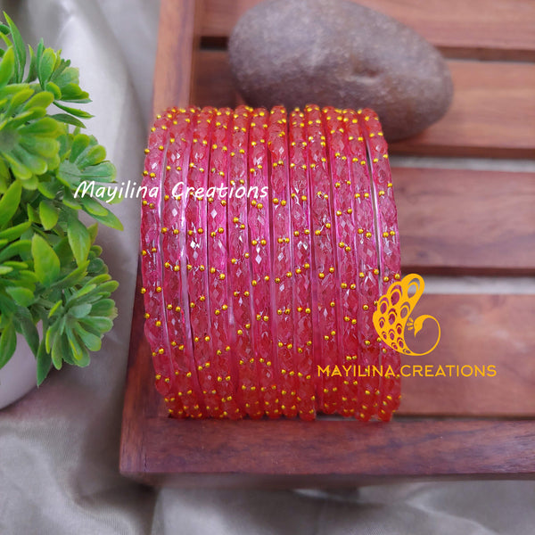 Pink Raindrop Glass Bangles (Set of 12 Bangles)