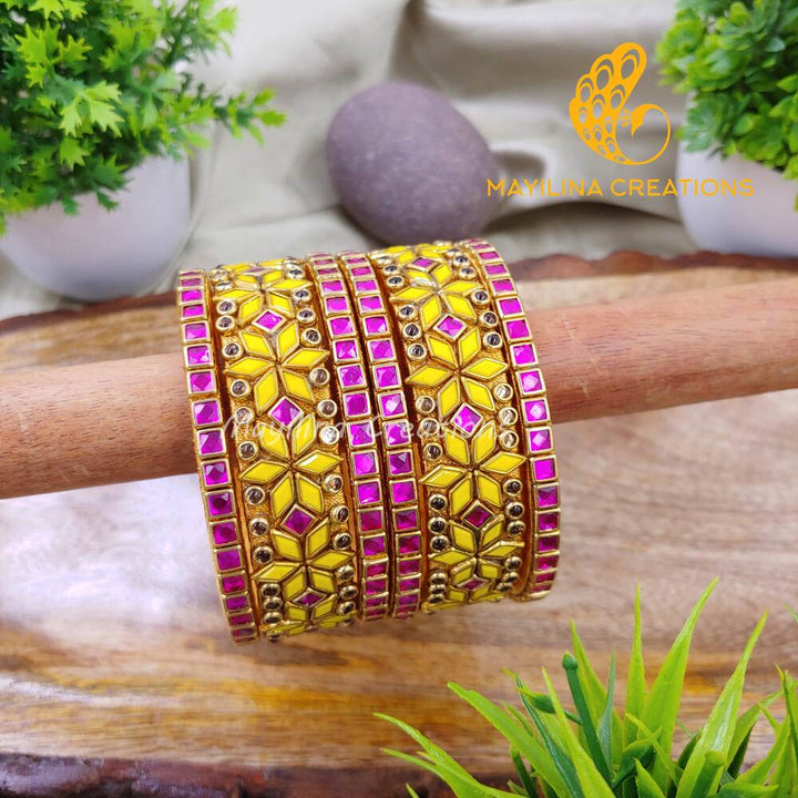 Pink and Yellow Diamond Flower Kada Bangles with Border Kundan Bangles - Silk Thread Bangles (Set of 6 Bangles)