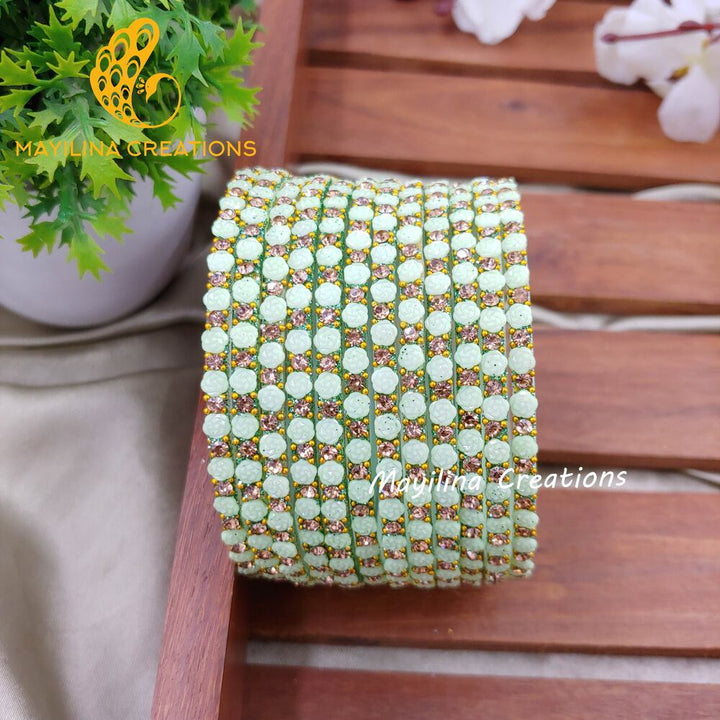 Pista Green Rose Glitter Bangles - Set of 12 Bangles