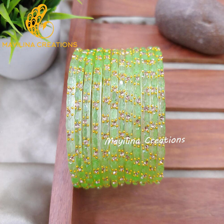 Pista Green Twinkle Designer Glass Bangles - Set of 12 Bangles